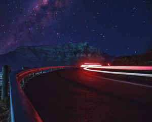 Preview wallpaper road, long exposure, glow, starry sky, stars