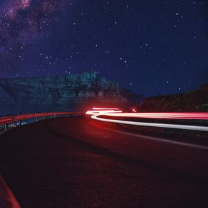 Preview wallpaper road, long exposure, glow, starry sky, stars