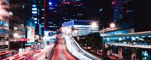 Preview wallpaper road, long exposure, lights, buildings, city