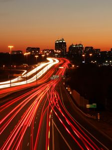 Preview wallpaper road, long exposure, neon, dark, night, stripes