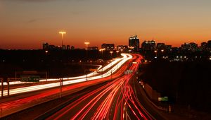 Preview wallpaper road, long exposure, neon, dark, night, stripes