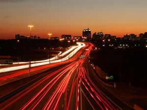 Preview wallpaper road, long exposure, neon, dark, night, stripes