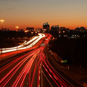 Preview wallpaper road, long exposure, neon, dark, night, stripes