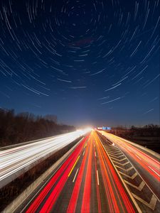 Preview wallpaper road, long exposure, night, motion, backlight, starry sky