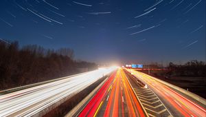 Preview wallpaper road, long exposure, night, motion, backlight, starry sky