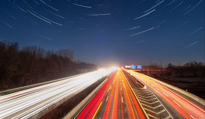 Preview wallpaper road, long exposure, night, motion, backlight, starry sky