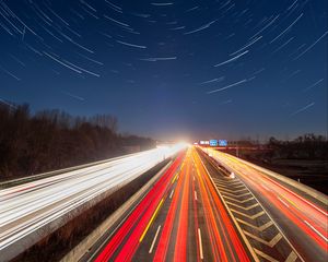 Preview wallpaper road, long exposure, night, motion, backlight, starry sky