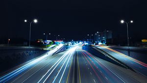 Preview wallpaper road, long exposure, night, glow, lights