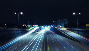 Preview wallpaper road, long exposure, night, glow, lights