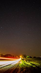 Preview wallpaper road, long exposure, starry sky, stars, night