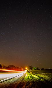 Preview wallpaper road, long exposure, starry sky, stars, night