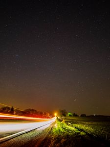 Preview wallpaper road, long exposure, starry sky, stars, night