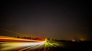 Preview wallpaper road, long exposure, starry sky, stars, night