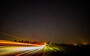 Preview wallpaper road, long exposure, starry sky, stars, night