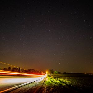 Preview wallpaper road, long exposure, starry sky, stars, night