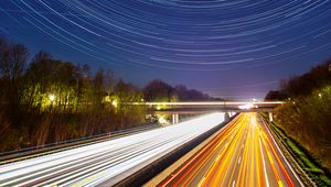 Preview wallpaper road, long exposure, starry sky, direction