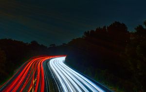 Preview wallpaper road, long exposure, turn, night, lights