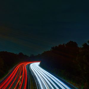 Preview wallpaper road, long exposure, turn, night, lights