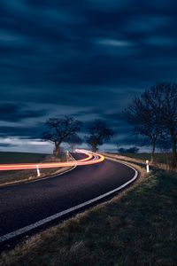 Preview wallpaper road, long exposure, turn, night, trees, sky