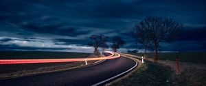 Preview wallpaper road, long exposure, turn, night, trees, sky