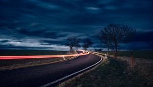 Preview wallpaper road, long exposure, turn, night, trees, sky