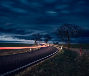 Preview wallpaper road, long exposure, turn, night, trees, sky