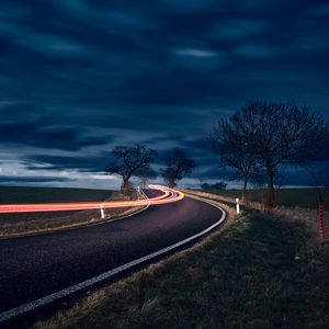 Preview wallpaper road, long exposure, turn, night, trees, sky