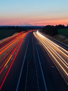 Preview wallpaper road, long exposure, turn, sunset, twilight