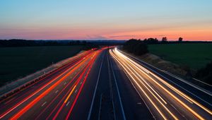 Preview wallpaper road, long exposure, turn, sunset, twilight