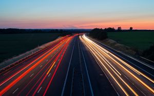 Preview wallpaper road, long exposure, turn, sunset, twilight