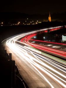 Preview wallpaper road, long exposure, turn, city lights, night, movement