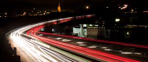 Preview wallpaper road, long exposure, turn, city lights, night, movement