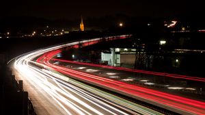 Preview wallpaper road, long exposure, turn, city lights, night, movement