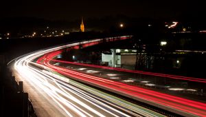 Preview wallpaper road, long exposure, turn, city lights, night, movement