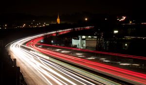 Preview wallpaper road, long exposure, turn, city lights, night, movement