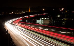 Preview wallpaper road, long exposure, turn, city lights, night, movement