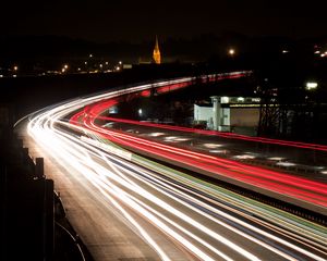 Preview wallpaper road, long exposure, turn, city lights, night, movement