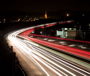 Preview wallpaper road, long exposure, turn, city lights, night, movement