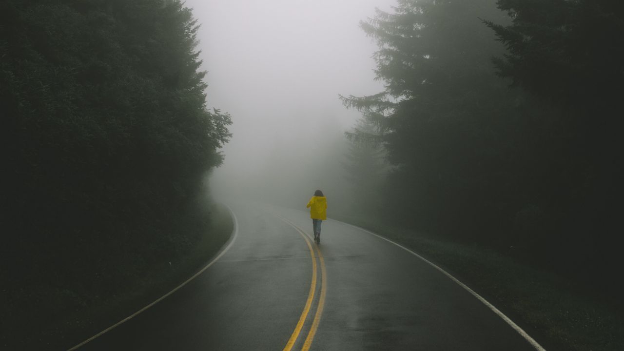 Wallpaper road, man, fog, loneliness, markup, turn