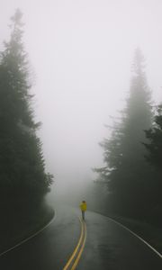 Preview wallpaper road, man, fog, loneliness, markup, turn