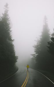 Preview wallpaper road, man, fog, loneliness, markup, turn