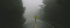 Preview wallpaper road, man, fog, loneliness, markup, turn