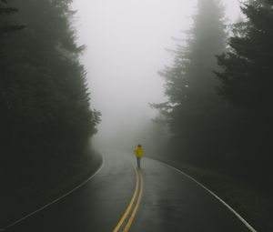 Preview wallpaper road, man, fog, loneliness, markup, turn