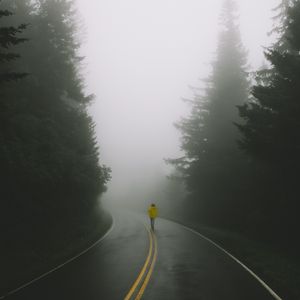 Preview wallpaper road, man, fog, loneliness, markup, turn