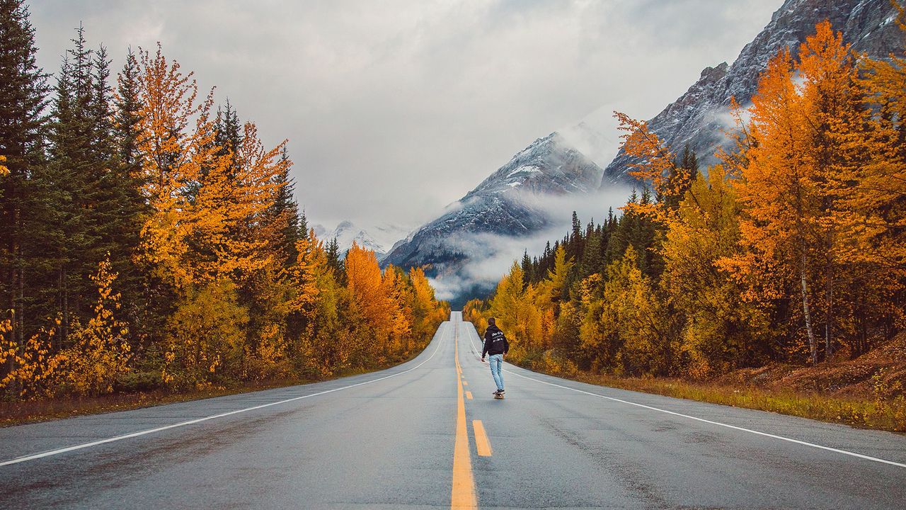Wallpaper road, man, mountains, trees, autumn