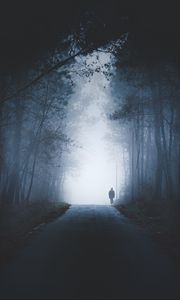 Preview wallpaper road, man, silhouette, fog, forest