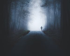 Preview wallpaper road, man, silhouette, fog, forest