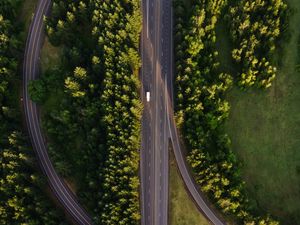 Preview wallpaper road, marking, aerial view, trees, forest