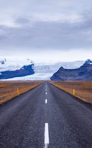 Preview wallpaper road, marking, asphalt, mountains, snow, ice, iceland