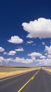 Preview wallpaper road, marking, asphalt, line, yellow, strip, clouds, roadside